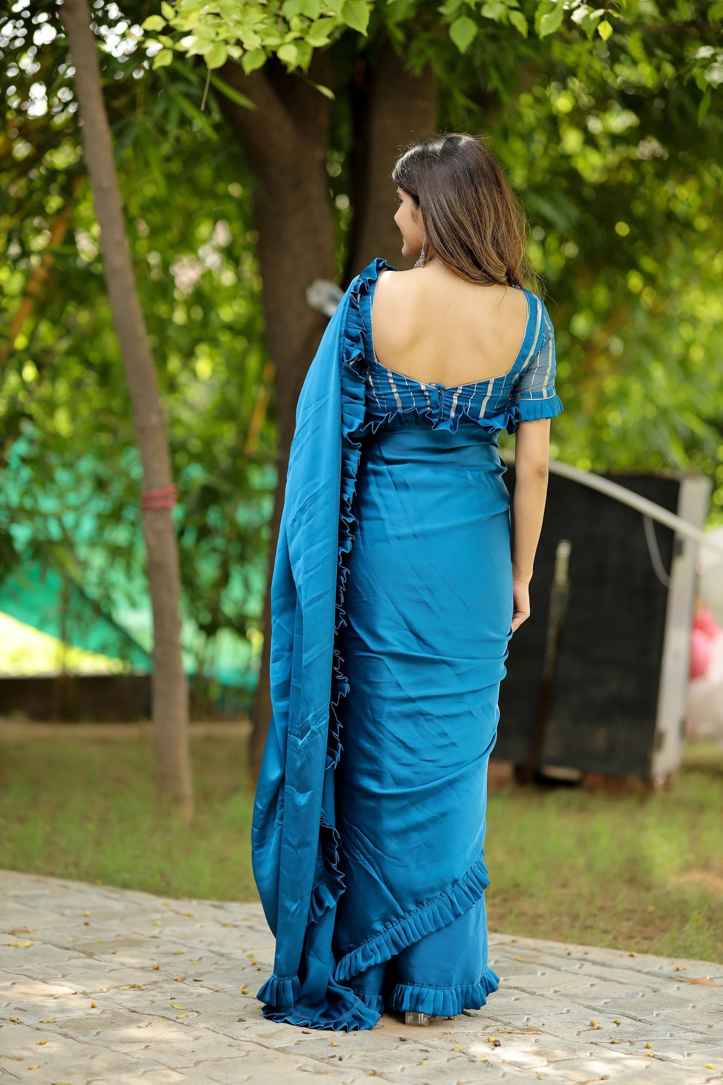 Oceanic Breeze Satin Crepe Saree with Ruffled