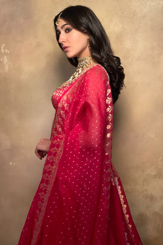 Sara Ali Khan in Red Alethi Lehenga with Dupatta