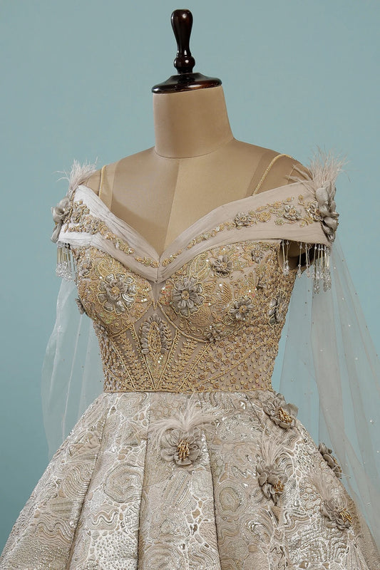 Light Beige Bead Embroidered Net Indowestern Gown