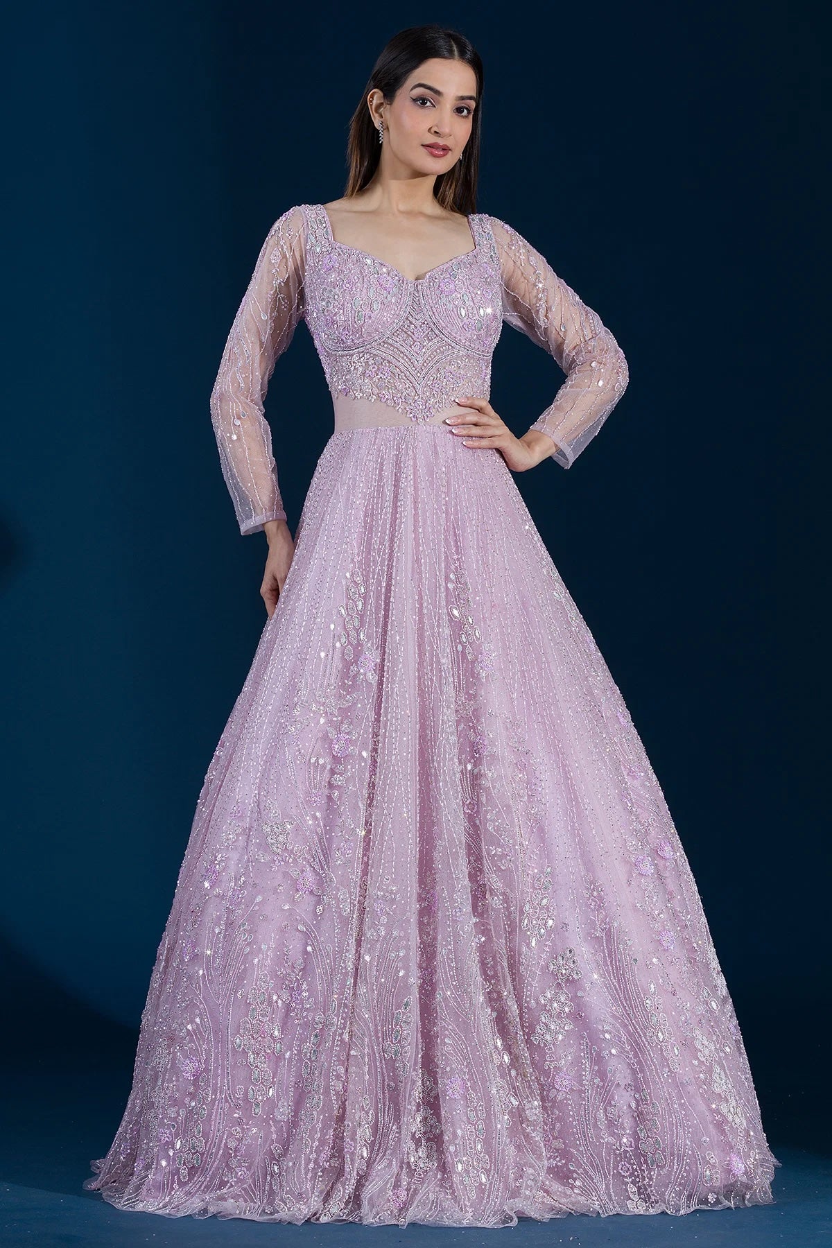 Light Purple Sequins Embroidered Net Reception Gown – Rim Zim Fashion