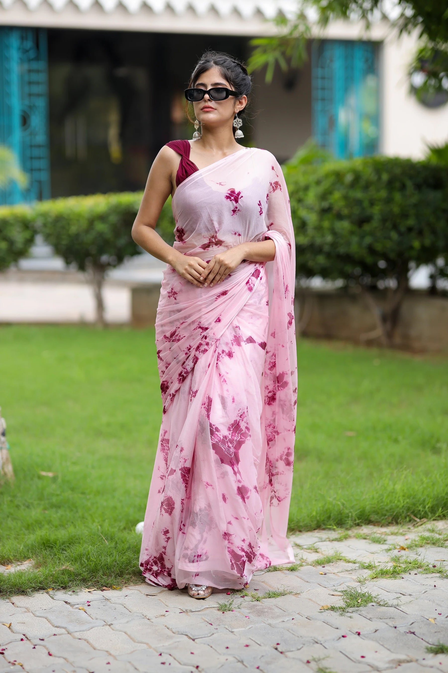 Traditional Shibori Pink Chiffon Saree