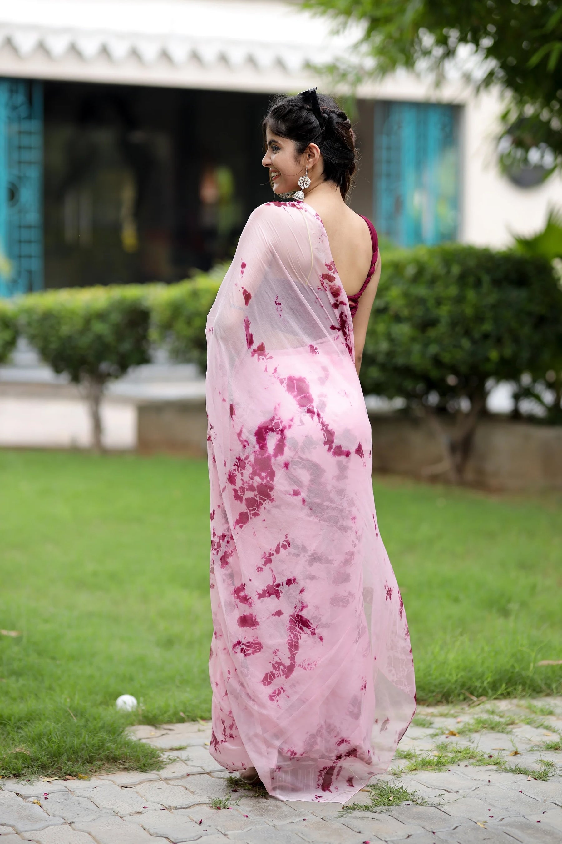 Traditional Shibori Pink Chiffon Saree