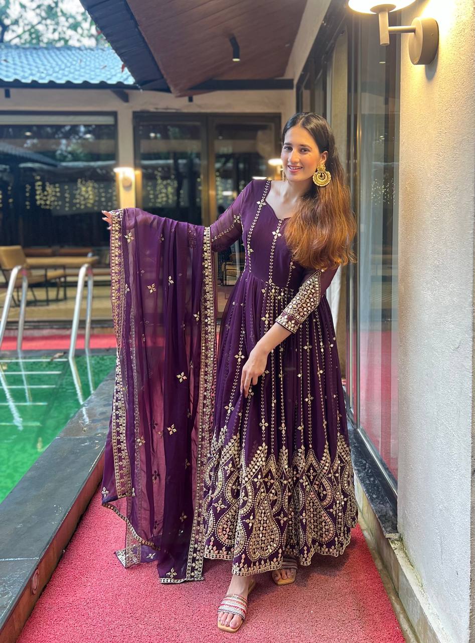 Wine Colored Real Heavy Embroidery Work Anarkali Suit Set SI 1179 – Rim Zim  Fashion