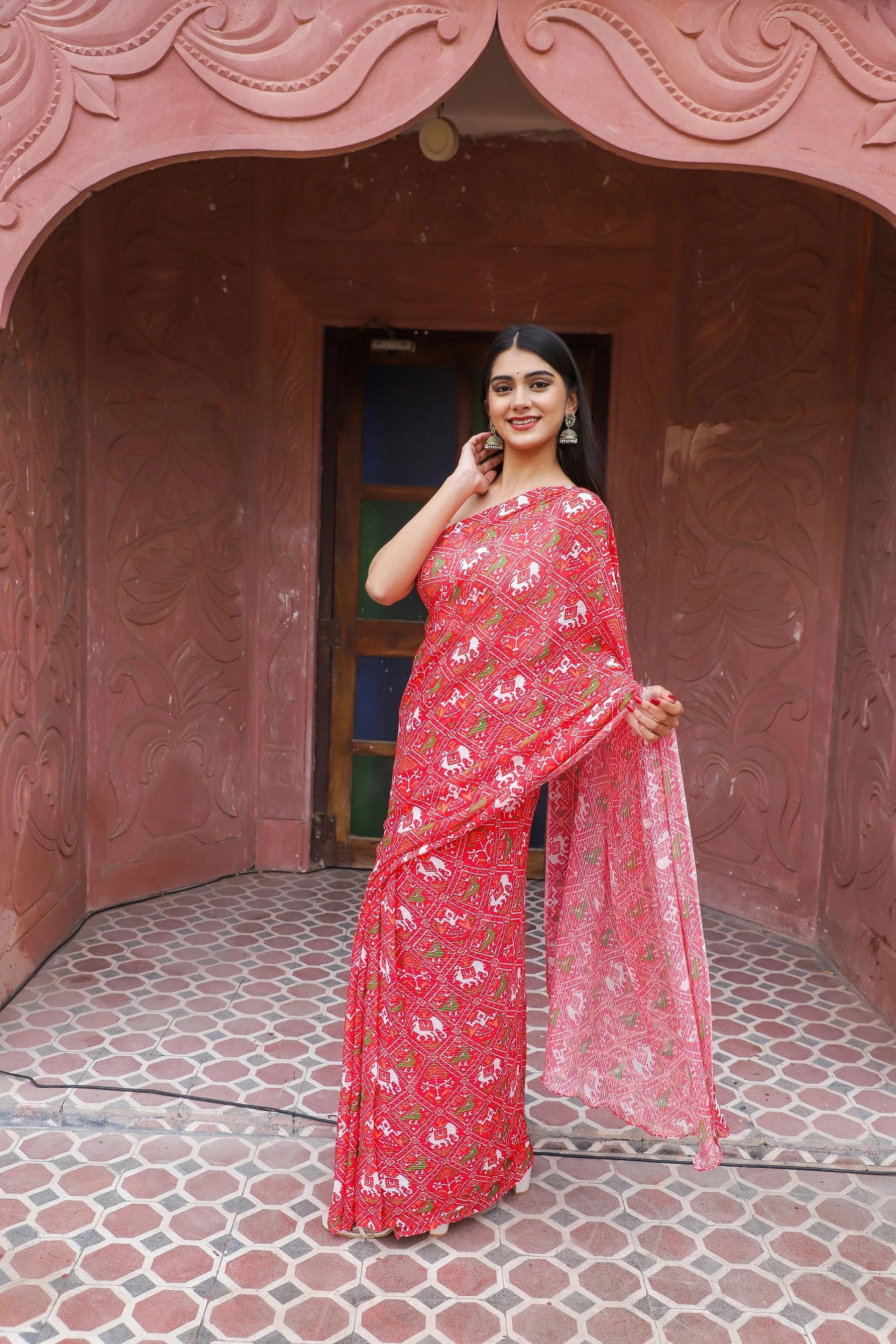 Trendy Patola Printed Viscose Georgette Saree with Sequins