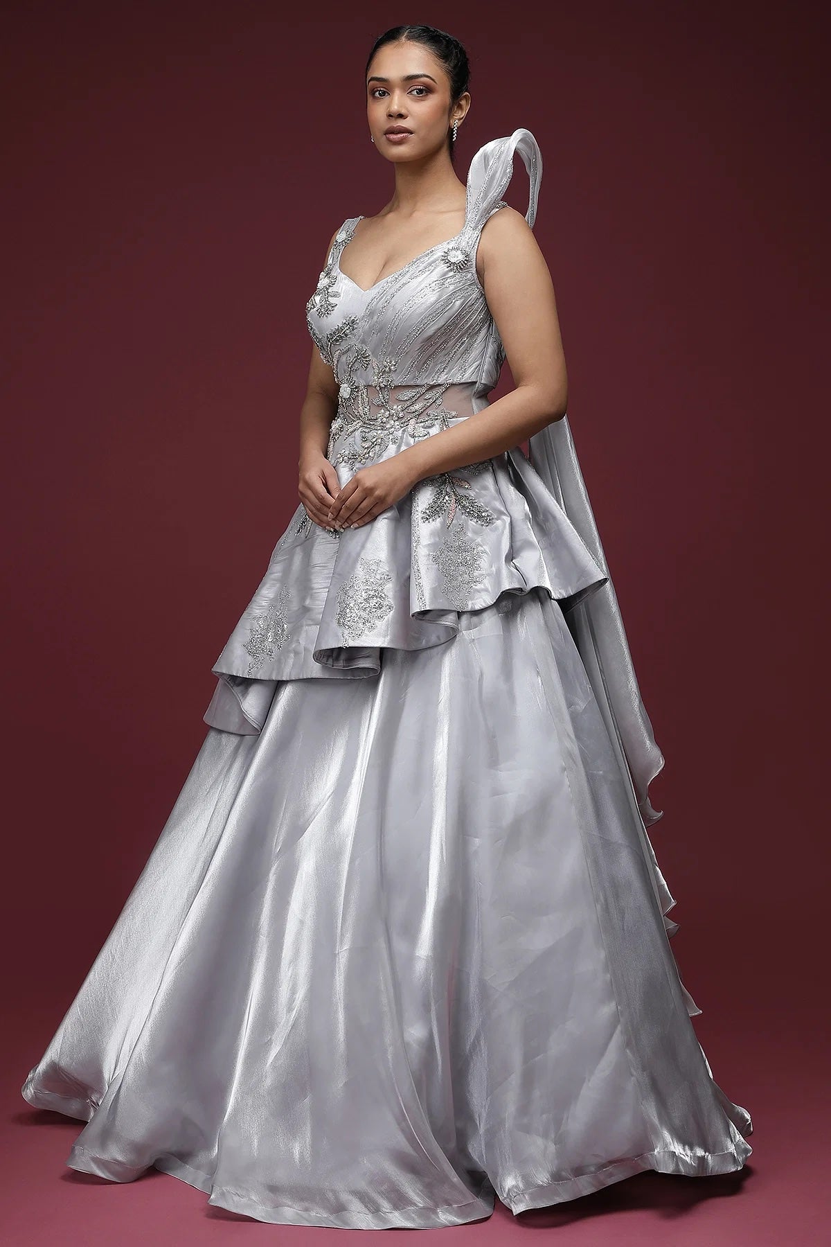 Light Grey Sequins Embroidered Tissue Indo-Western Gown Rim Zim Fashion Light Grey Sequins Embroidered Tissue Indo-Western Gown Rim Zim Fashion