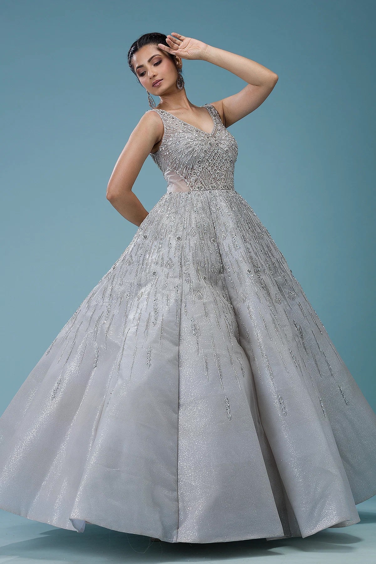 Light Grey Sequins Embroidered Net Reception Gown for Special Occasion Rim Zim Fashion Light Grey Sequins Embroidered Net Reception Gown for Special Occasion Rim Zim Fashion