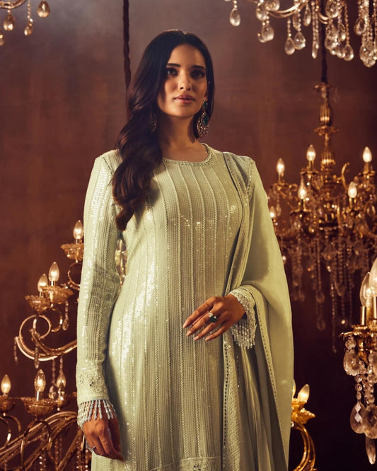 Mint Green Paani Sequins Chikankari Border Suit | Elegant and Refined Ethnic Wear