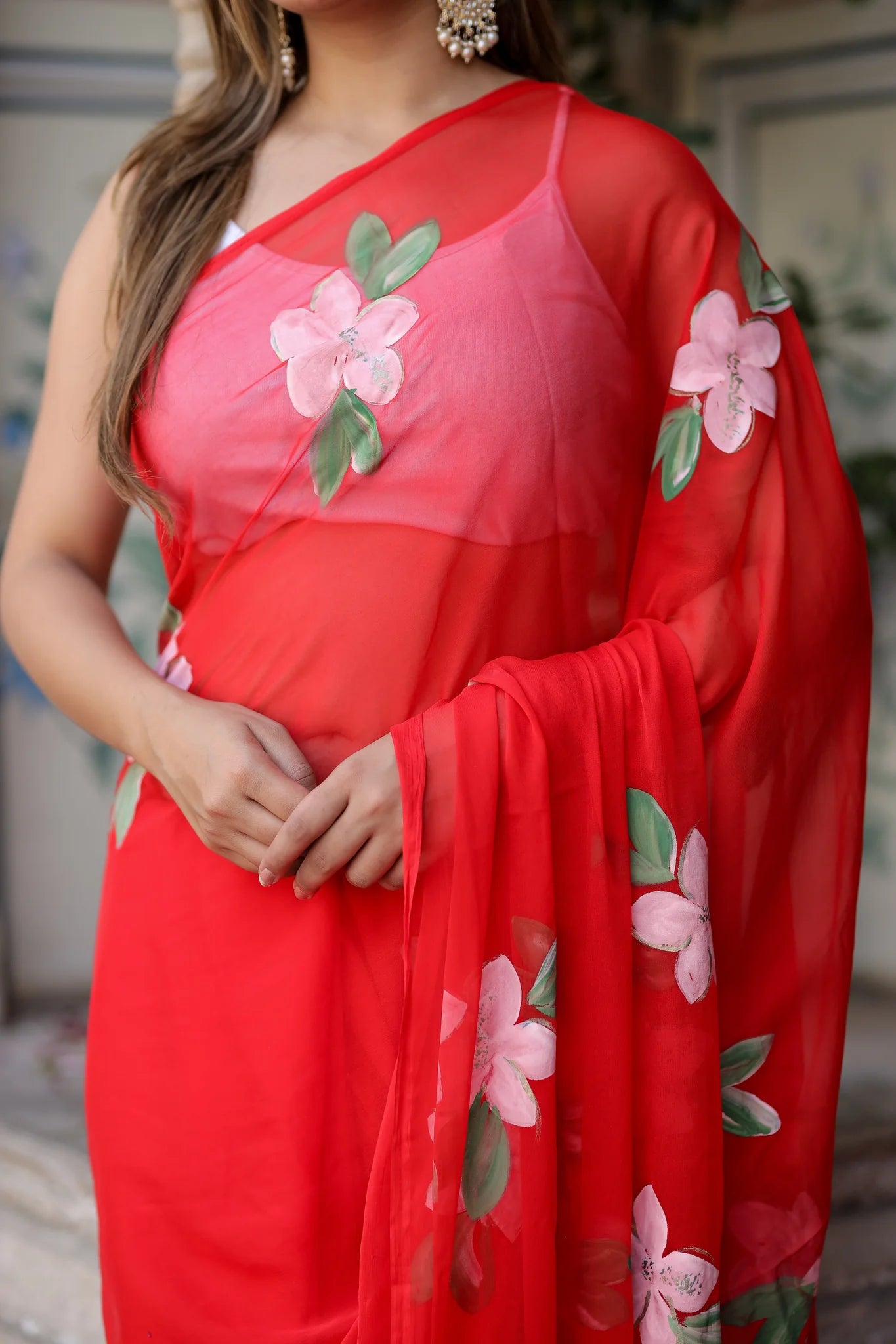 Scarlet Artistry Bold Scarlet Red Chiffon Saree for Special Occasions