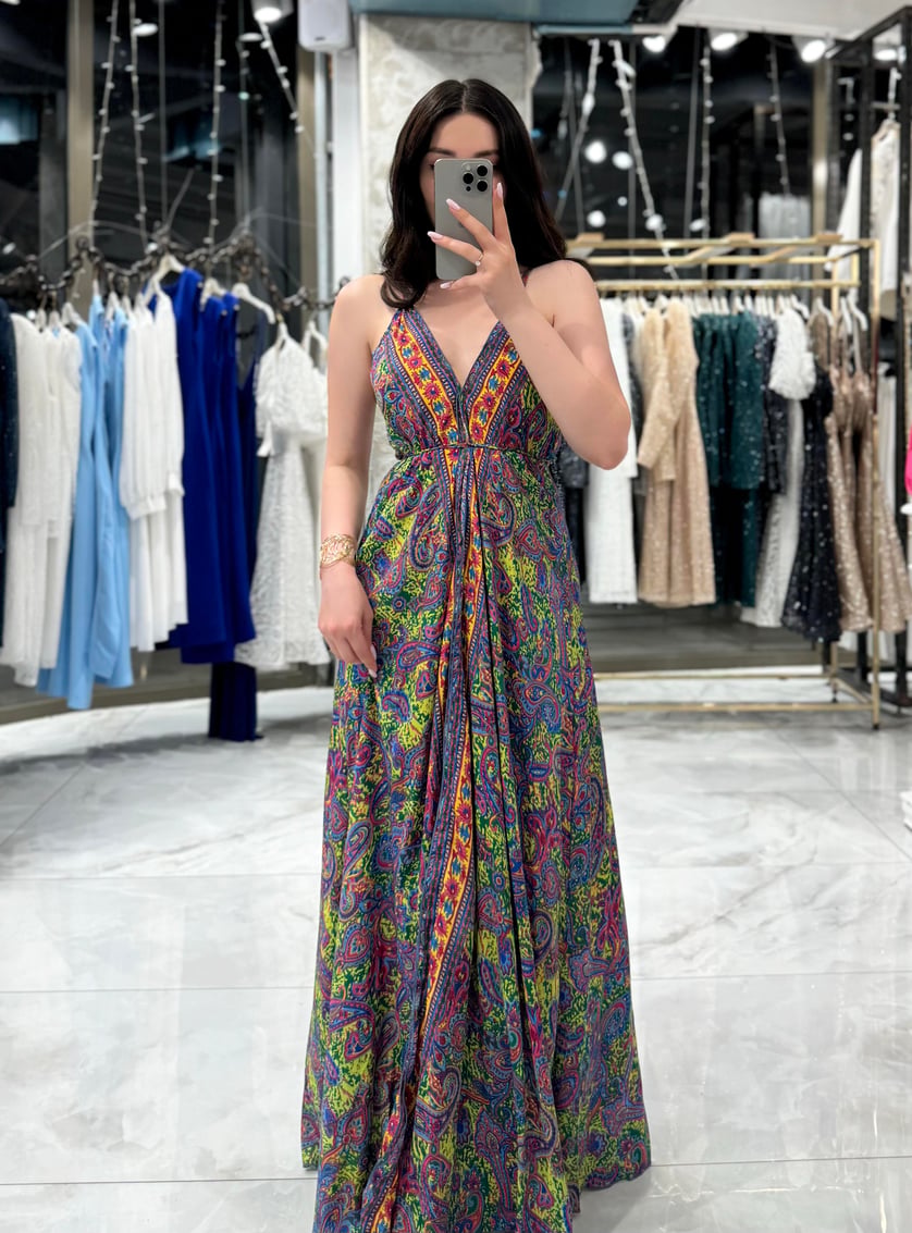 Violet Stitch Detailed V Neck Patterned Green Long Dress – Rim Zim Fashion