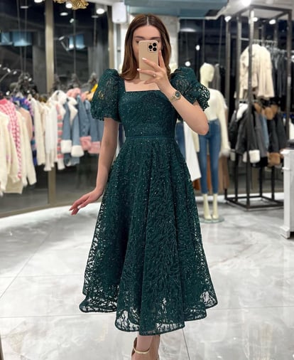 Maya Emerald Green Bolon Sleeve Glitter Evening Dress  Rim Zim Fashion