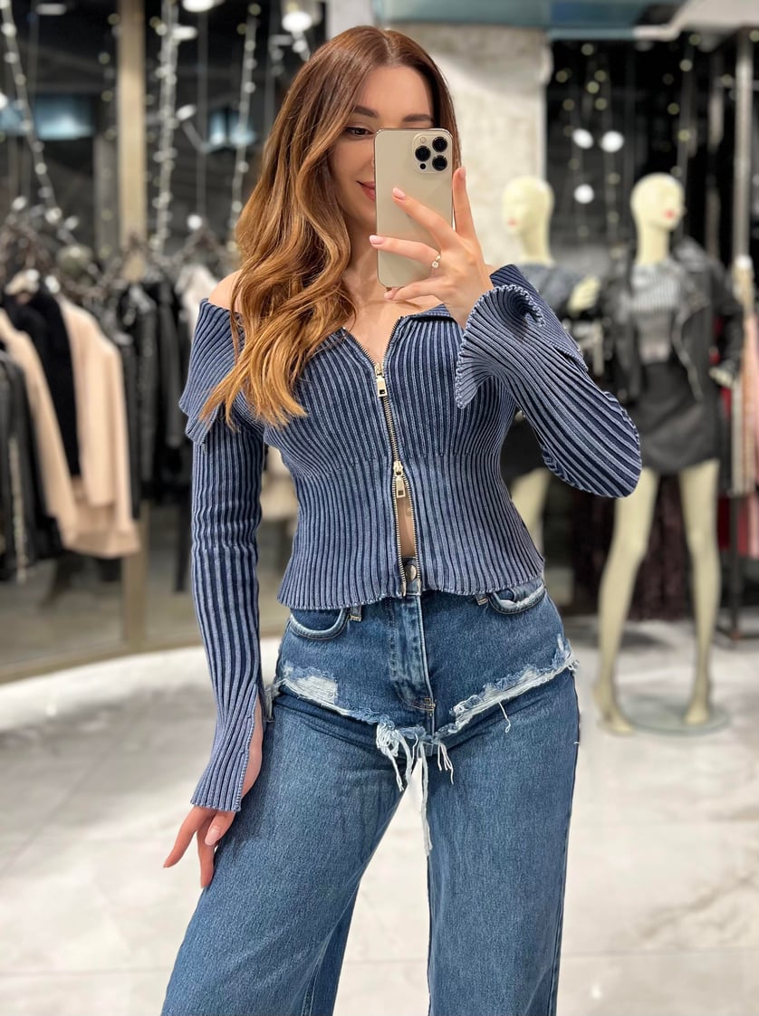 Dayana Indigo Sleeve Slit Detail Zippered Cardigan – Rim Zim Fashion