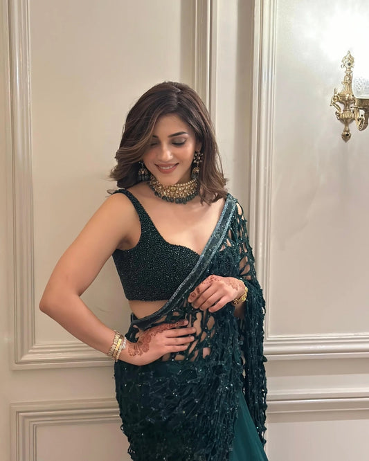 Mehreen Pirzadaa Dazzles in a Stunning Green Cutwork Saree Design