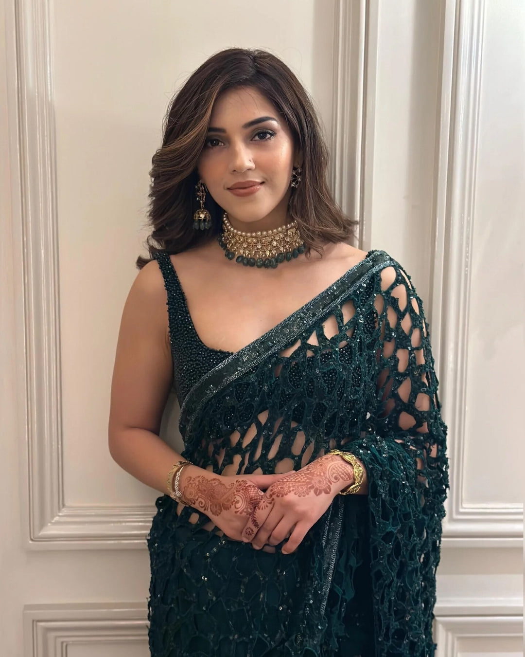 Mehreen Pirzadaa Dazzles in a Stunning Green Cutwork Saree Design