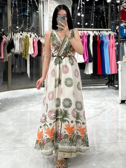 Beaded Rope Belted Lined Front Slit Long Dress Green – Rim Zim Fashion