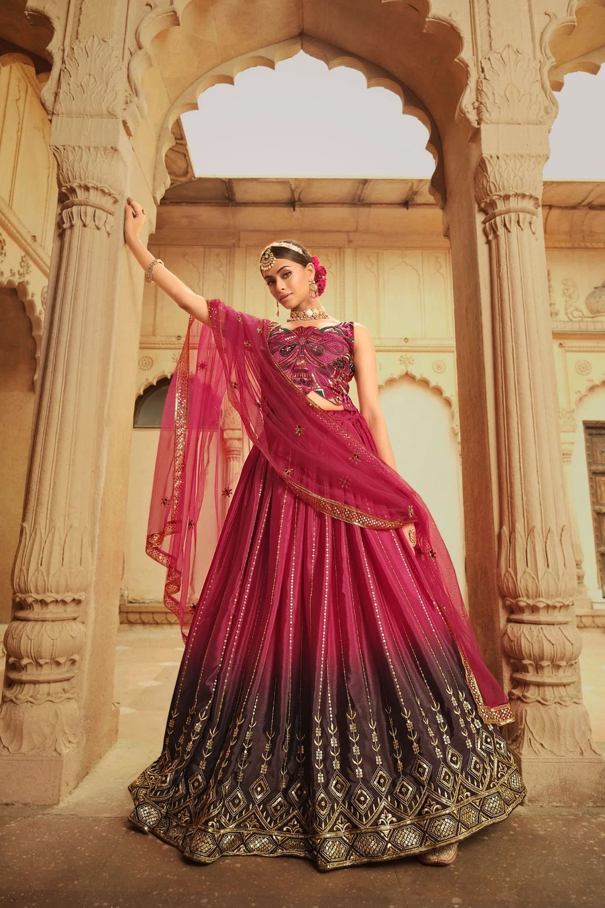 Deep Pink to Purple Thread & Sequins Embroidered Work Wedding Lehenga