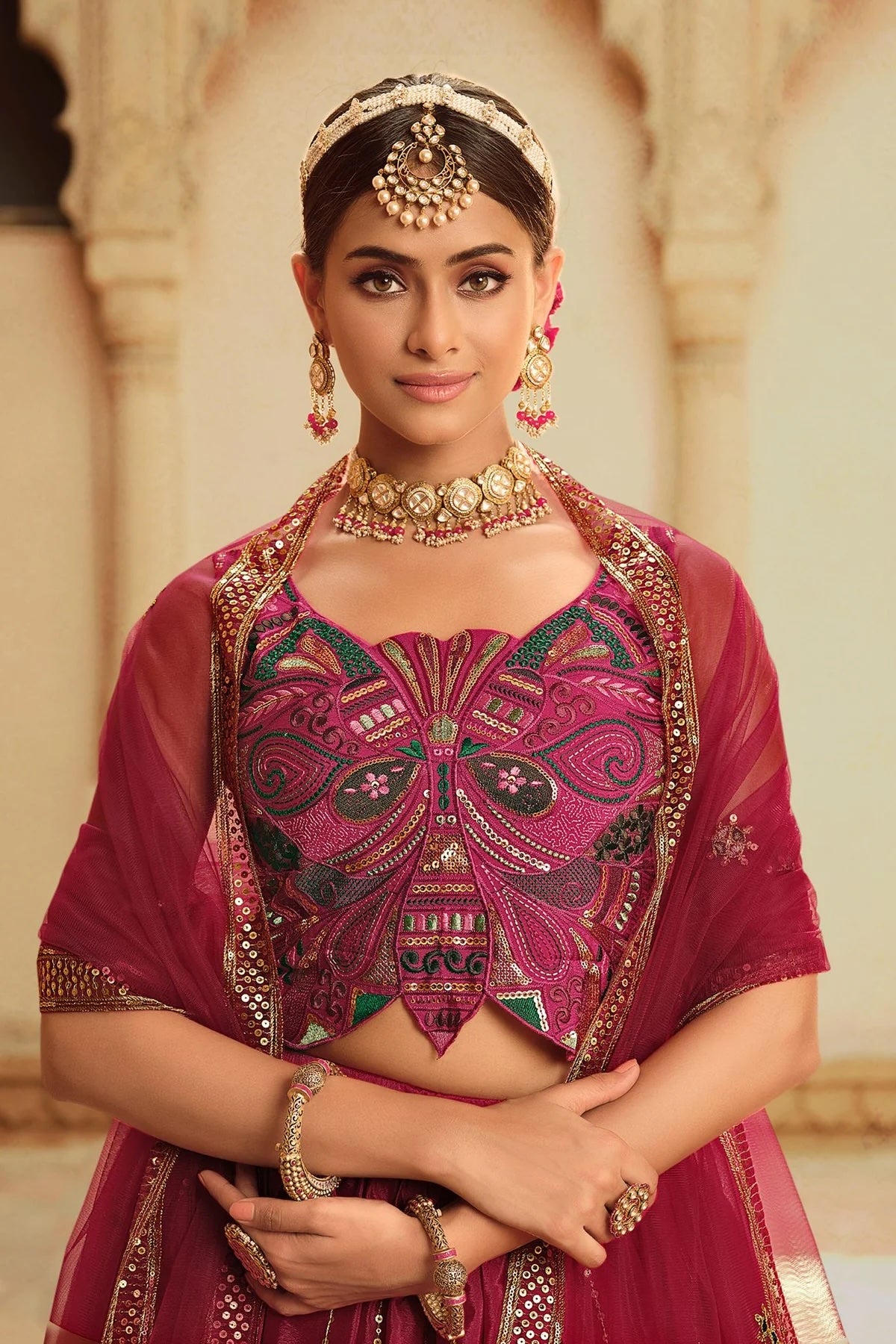 Deep Pink to Purple Thread & Sequins Embroidered Work Wedding Lehenga