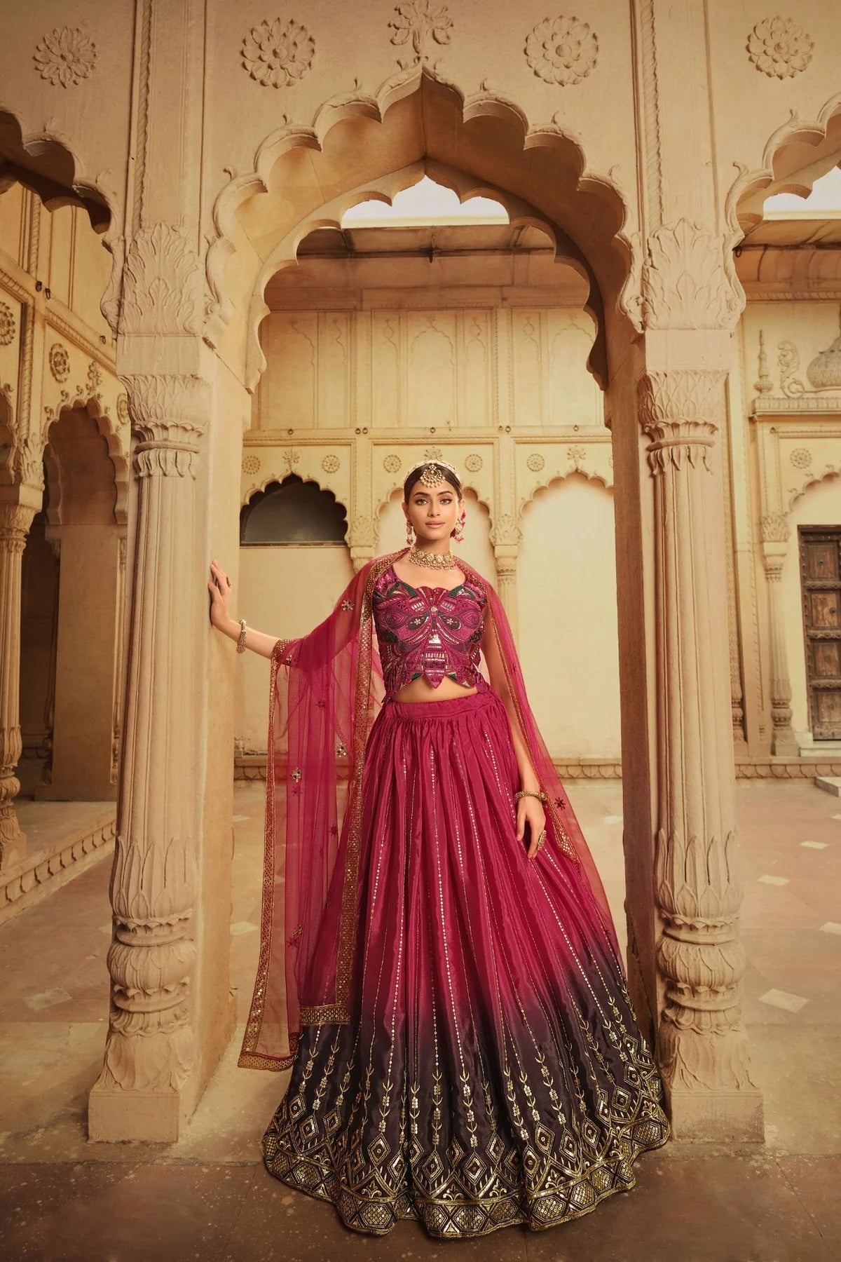 Deep Pink to Purple Thread & Sequins Embroidered Work Wedding Lehenga