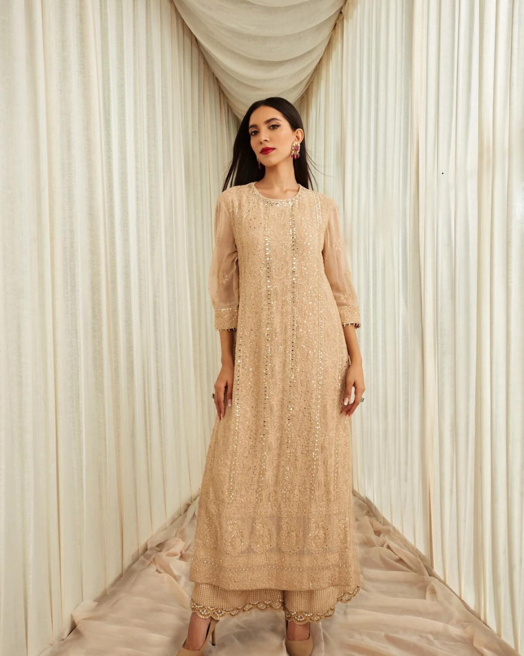 Beige Golden Chikankari Suit Set