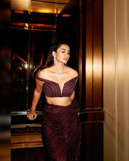 Patralekhaa Wine Crystal Work Saree | Glamorous and Sophisticated Evening Wear