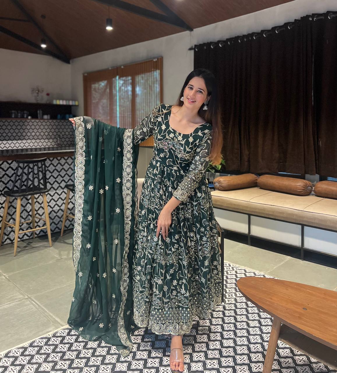 Green Colored Real Heavy Embroidery Work Anarkali Suit Set SI 383 – Rim Zim  Fashion
