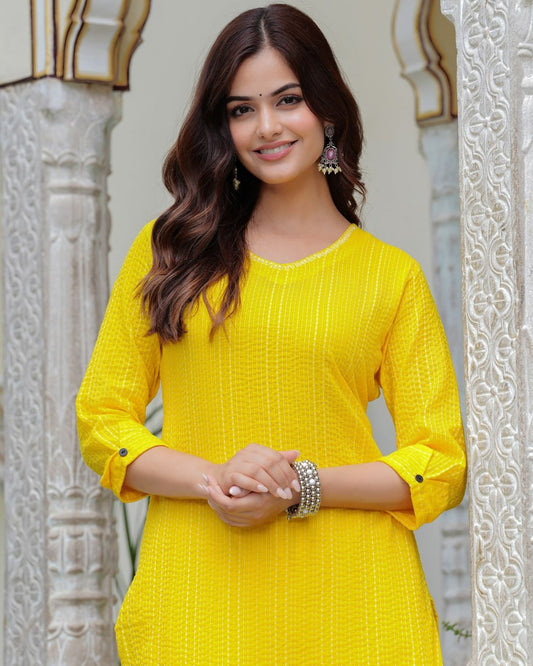 Yellow Katha Cotton Kurta Set | Bright and Elegant Ethnic Wear