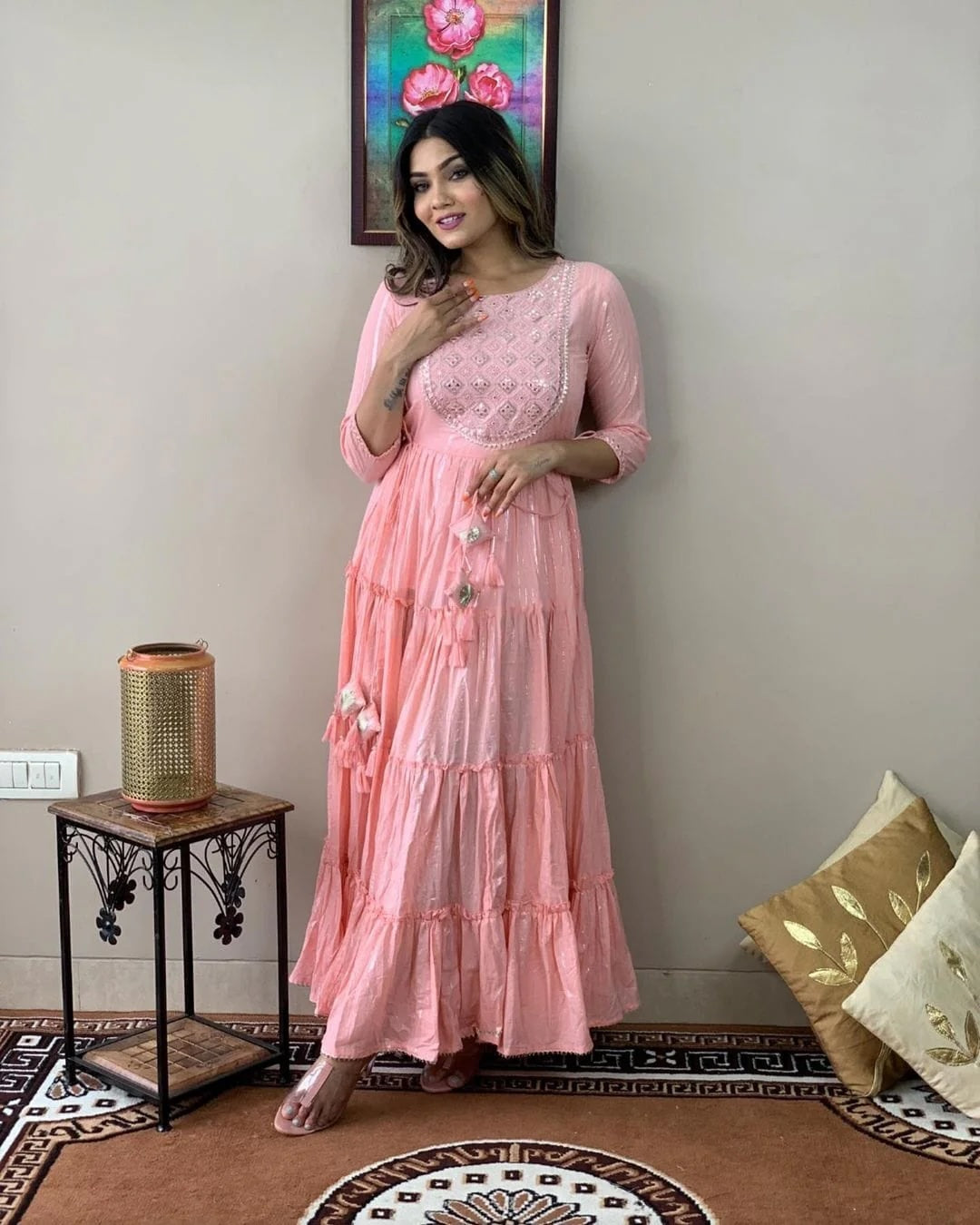 modern anarkali dress Stylish Embroidered Cotton Lurex Anarkali Gown