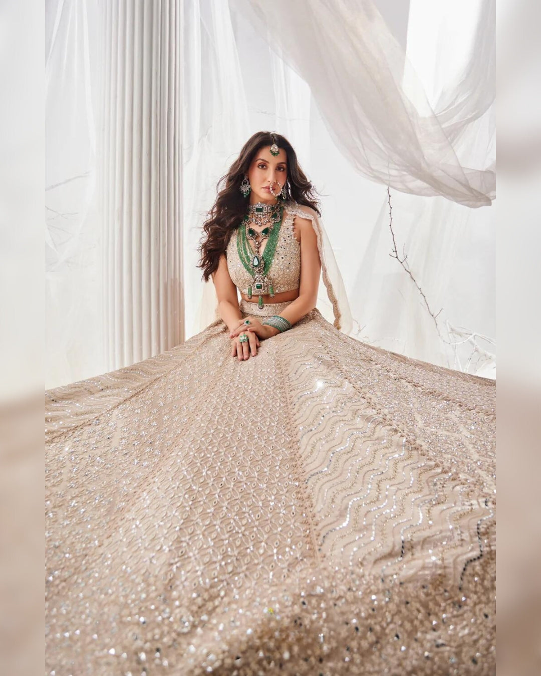 Nora Fatehi Gold Beige Beadwork Lehenga | Glamorous and Elegant Ethnic Wear