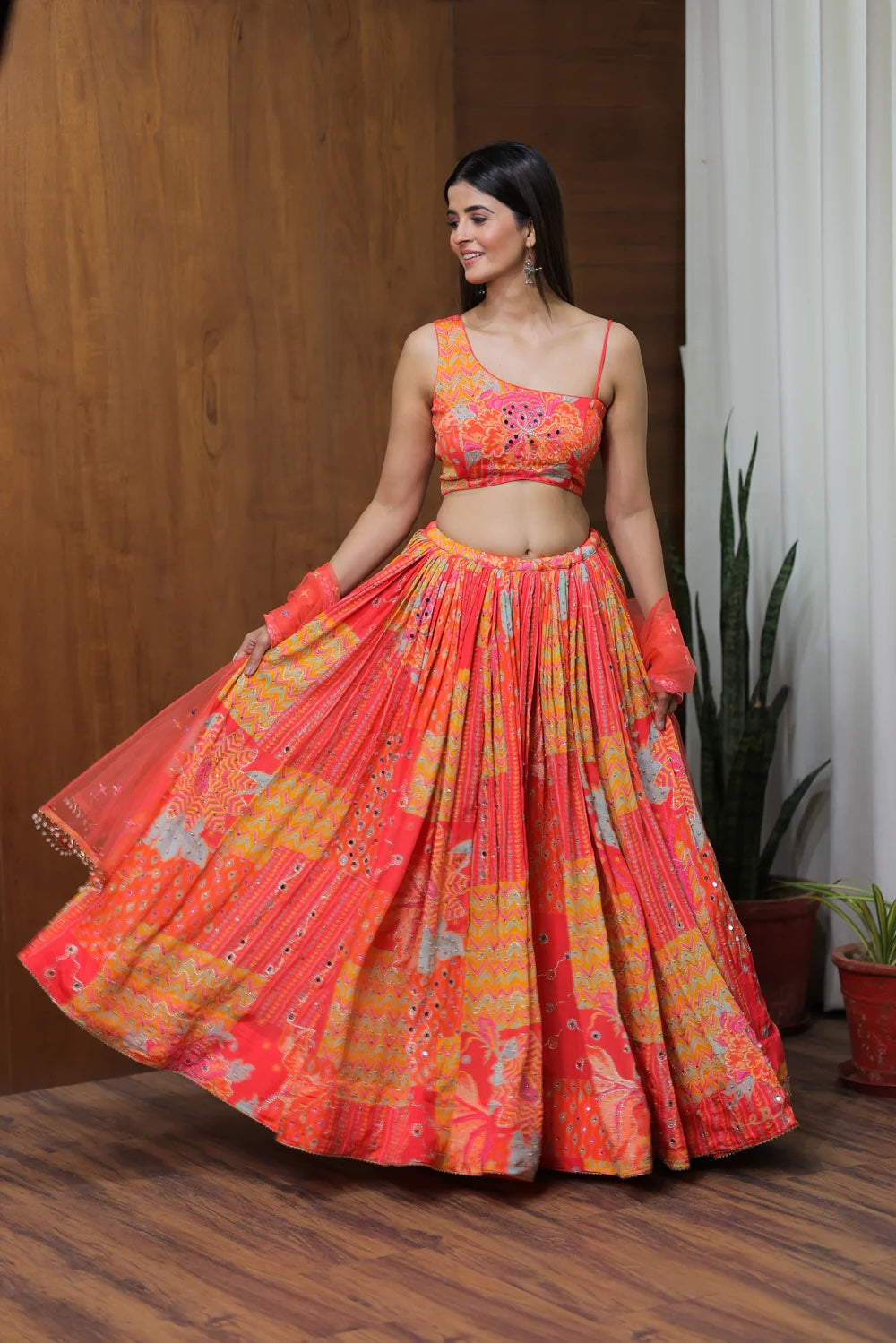 Red Orange Off Shoulder Multi Print Chaniya Choli for Festive Occasions