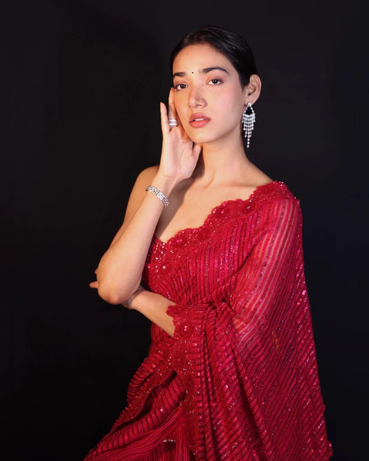 Medha Shankar Red Sequins Gicha Saree | Glamorous and Elegant Ethnic Wear
