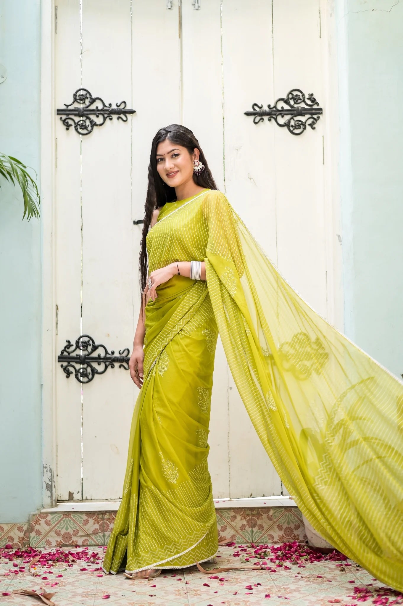 Pastel Spring Hues with Floral Motifs Handblock Chiffon Saree