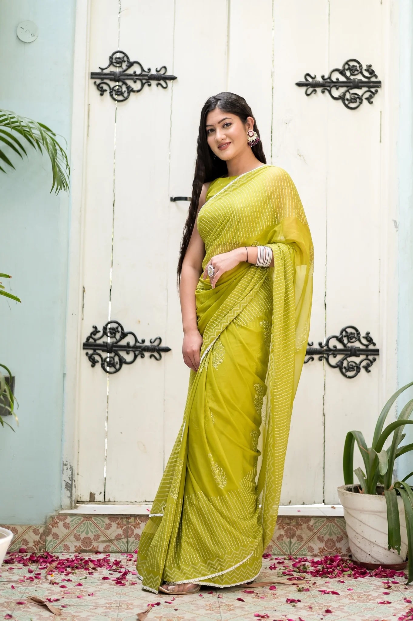 Pastel Spring Hues with Floral Motifs Handblock Chiffon Saree