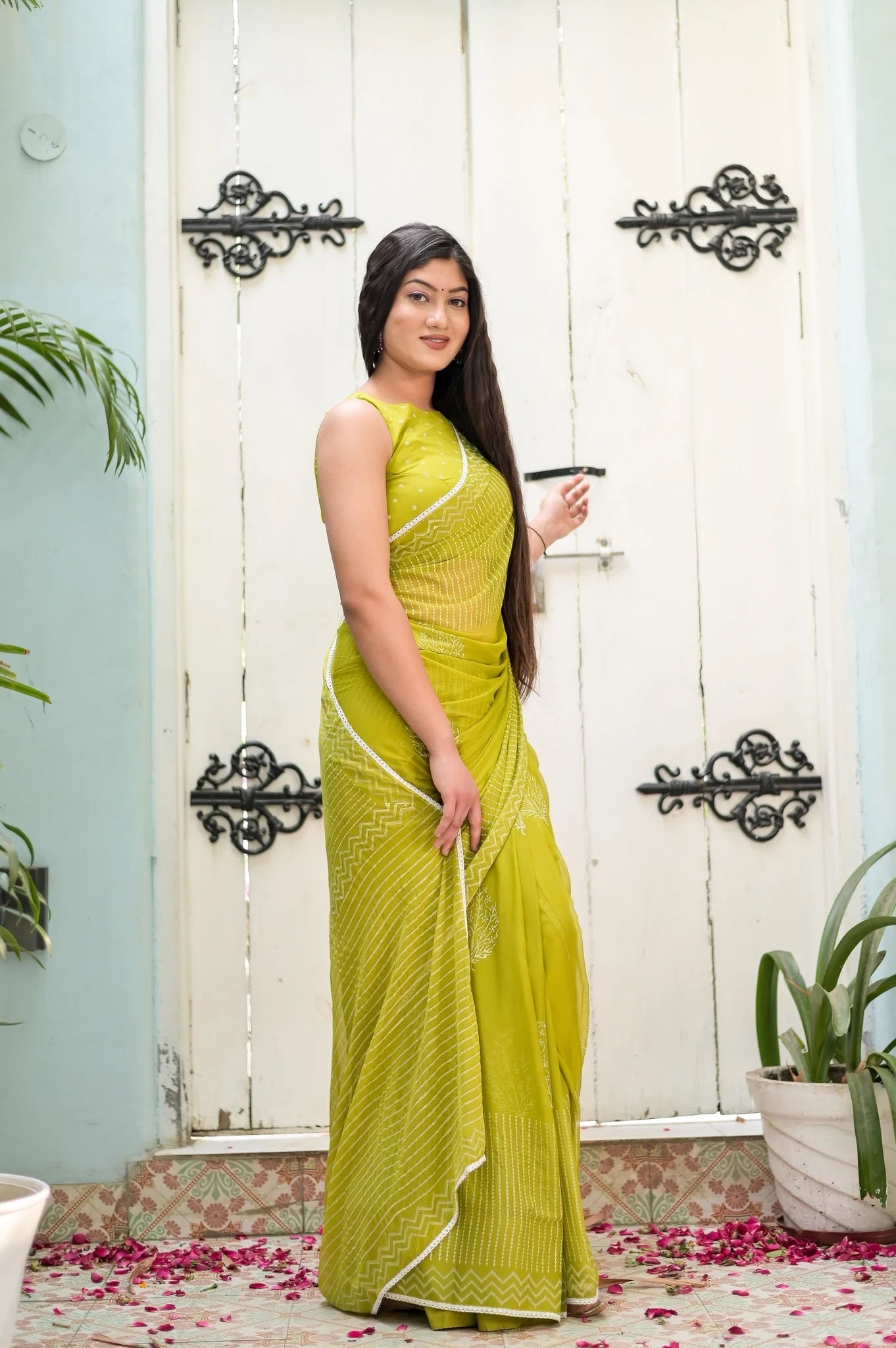 Pastel Spring Hues with Floral Motifs Handblock Chiffon Saree