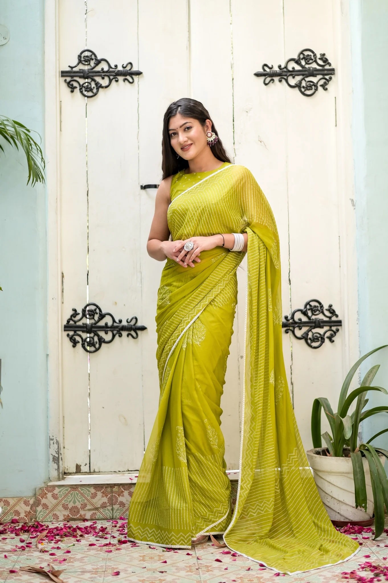 Pastel Spring Hues with Floral Motifs Handblock Chiffon Saree