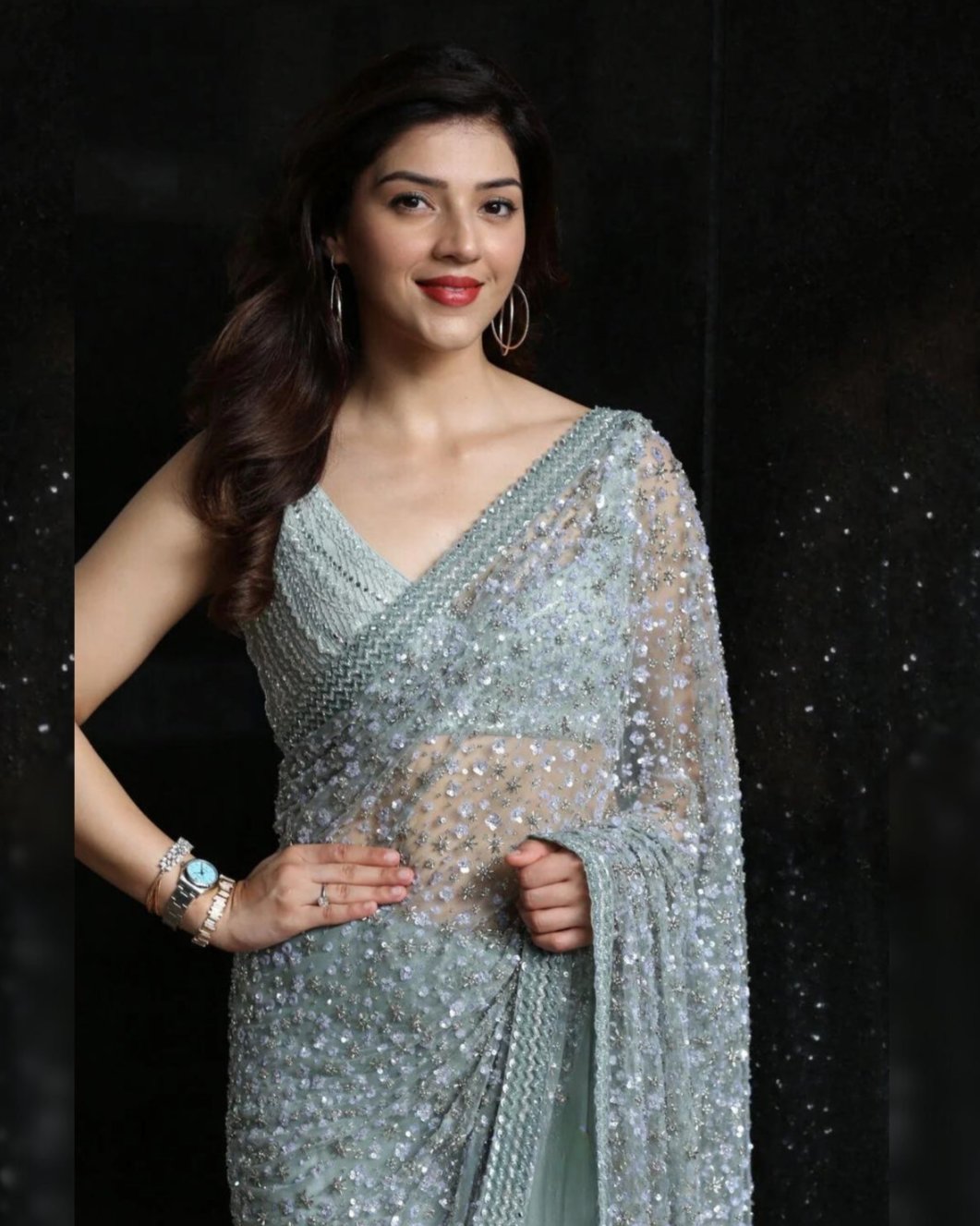 Mehreen Pirzada Sage Green Glass Bead Saree | Elegant and Glamorous Ethnic Wear