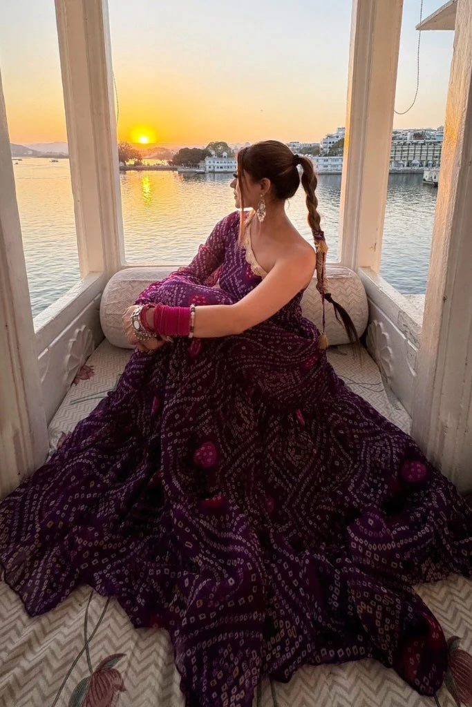 purple bandhani dress Shop Plus Size Violet Printed Cowl Indo-Western Dress Online