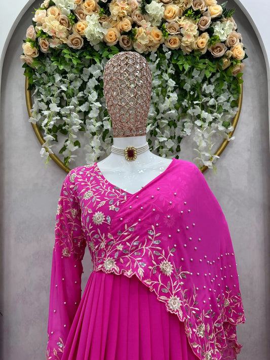 Dazzling Pink Faux Georgette Gown with Thread and Sequence