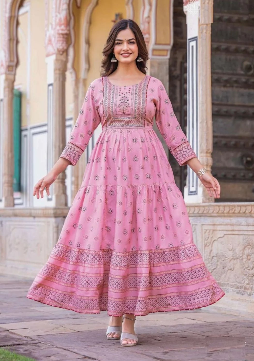 Good-Looking Light Pink Rayon Gown with Printed Hand Work  Rim Zim Fashion