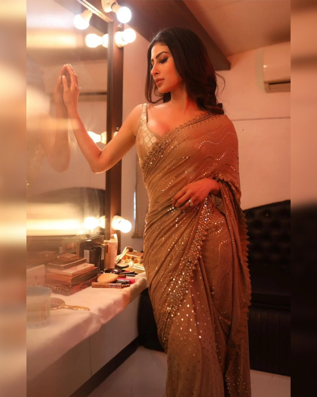 Mouni Roy Golden Mukaish Saree Elegant and Radiant Ethnic Wear