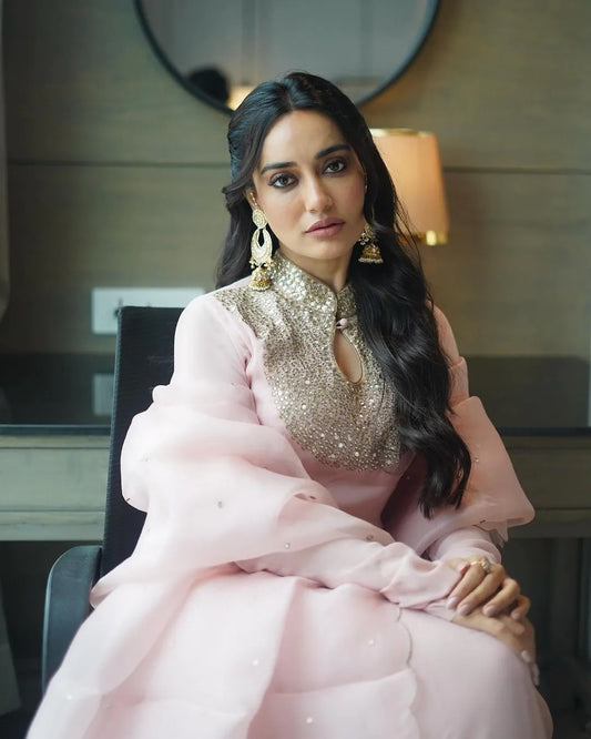 Adorable Baby Pink Georgette Gown with Embroidery and Sequence Work