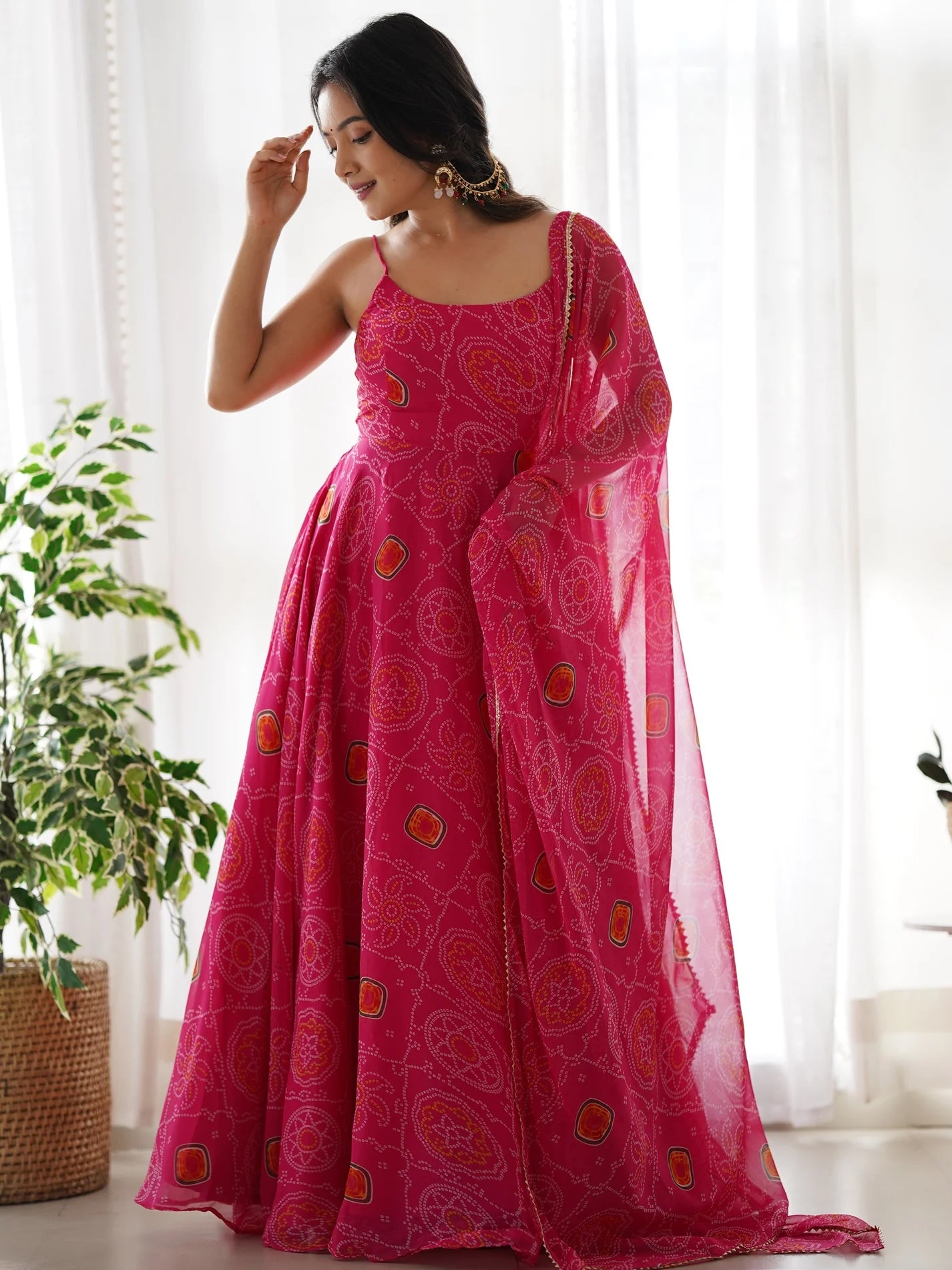 Precious Pink Bandhani Chiffon Gown with Dupatta