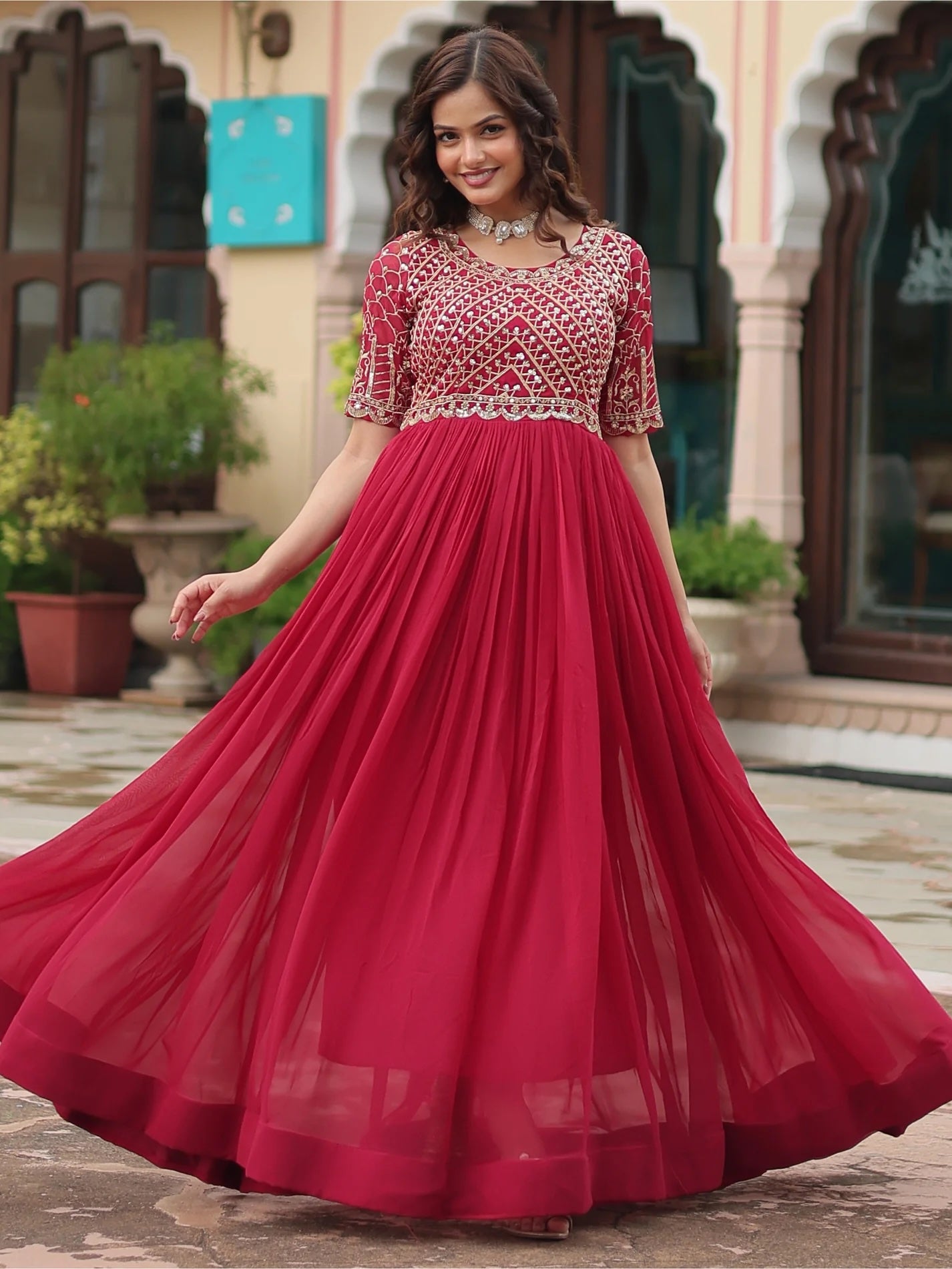 Wonderful Pink Sequins Georgette Gown for Engagement Wear Wonderful Pink Sequins Georgette Gown for Engagement Wear