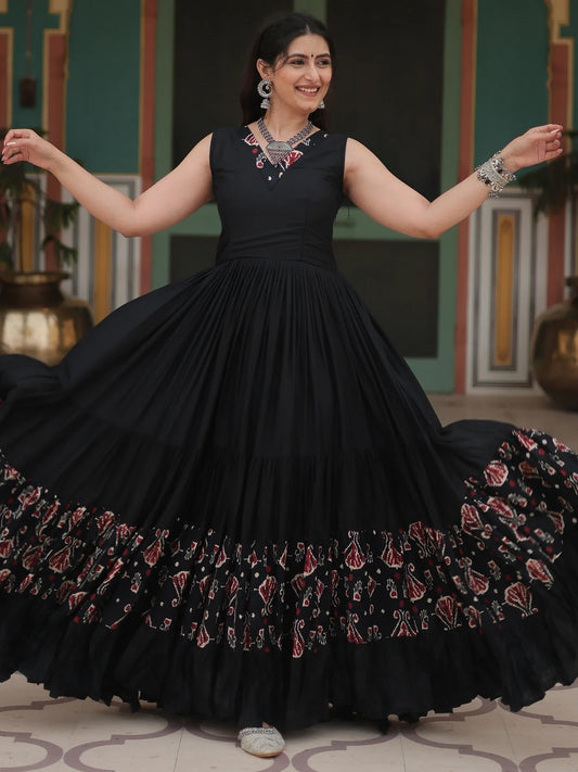 Mesmerizing Black Digital Printed Rayon Gown for a Captivating Look