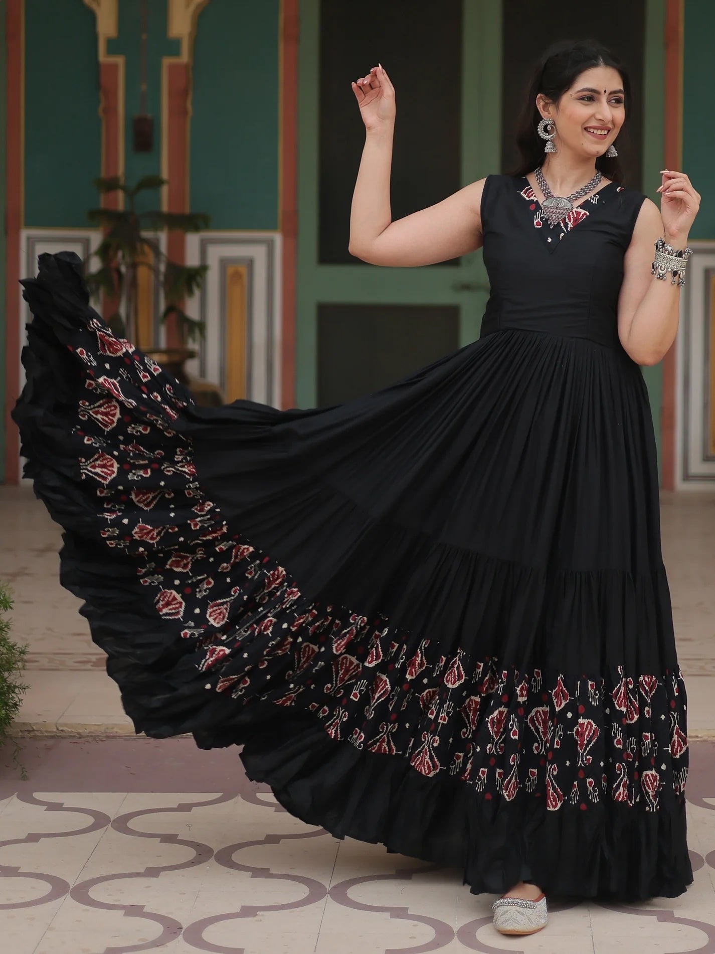 Mesmerizing Black Digital Printed Rayon Gown for a Captivating Look