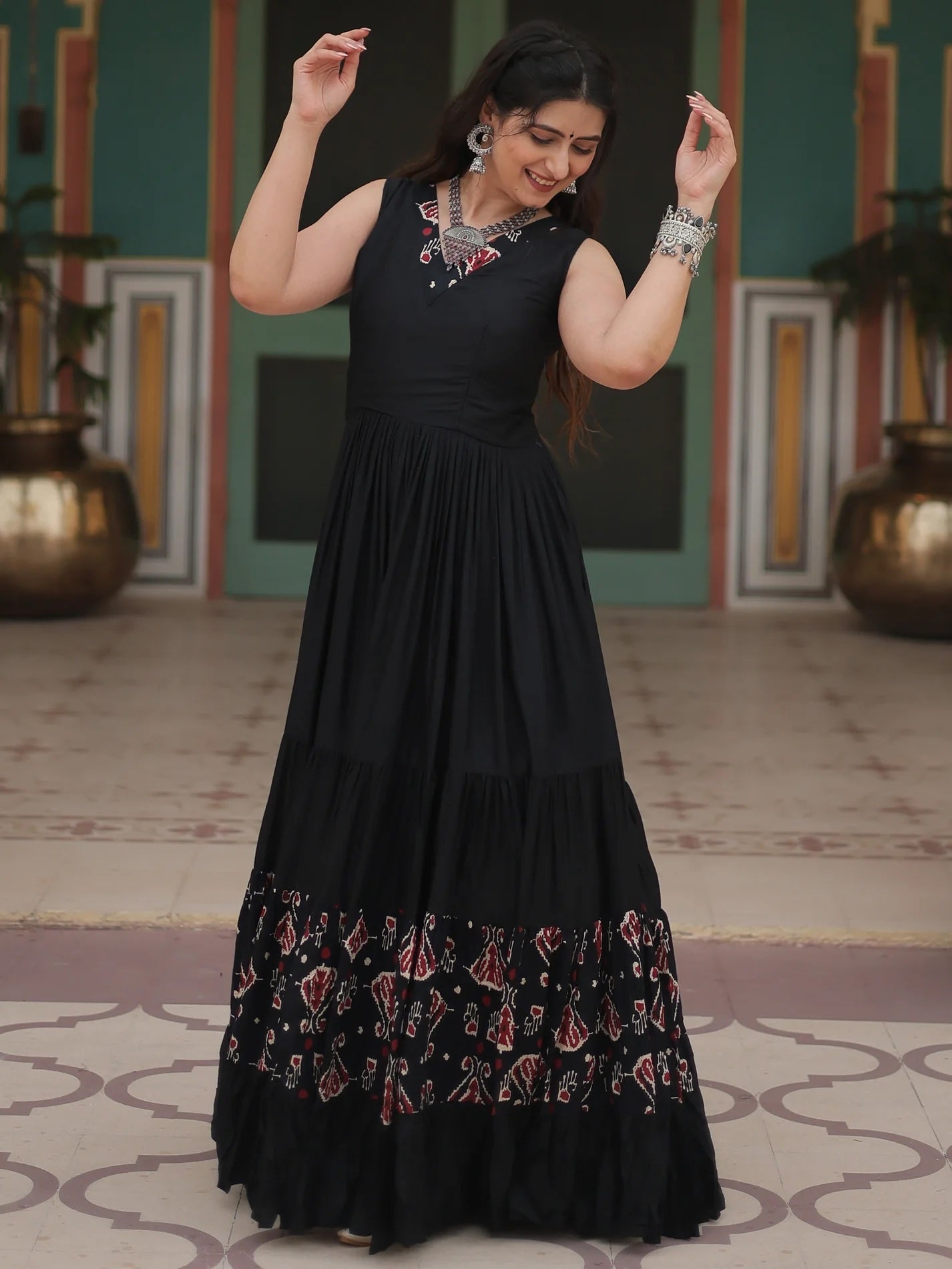 Mesmerizing Black Digital Printed Rayon Gown for a Captivating Look