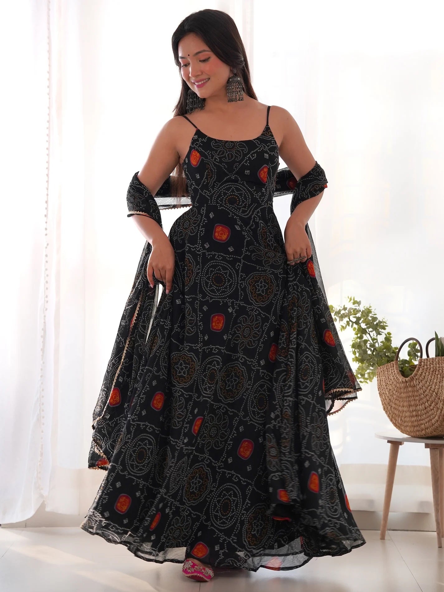 white christmas dresses Captivating Black Bandhani Printed Chiffon Gown with Dupatta – Rim Zim  Fashion