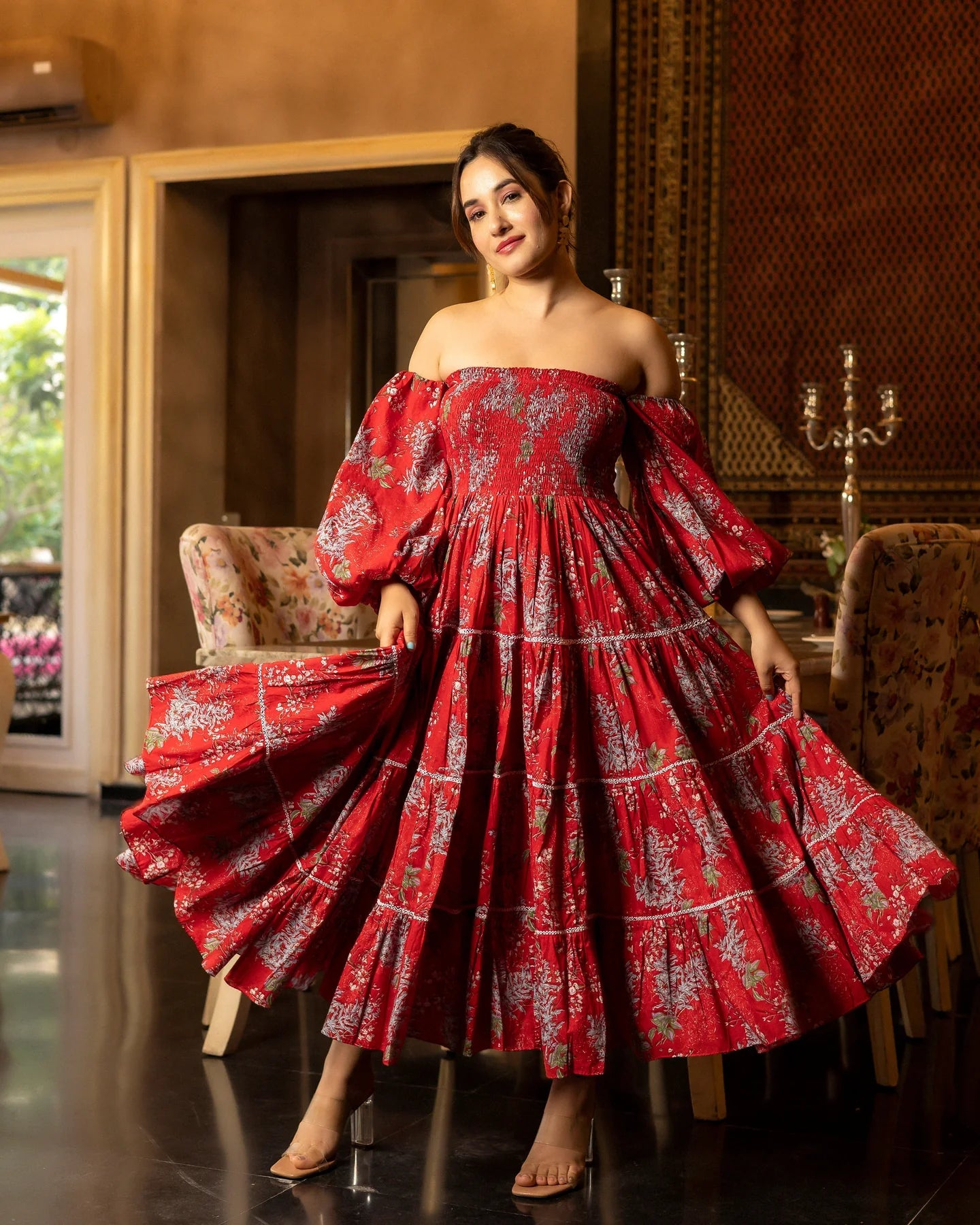 Red cotton summer dress sales