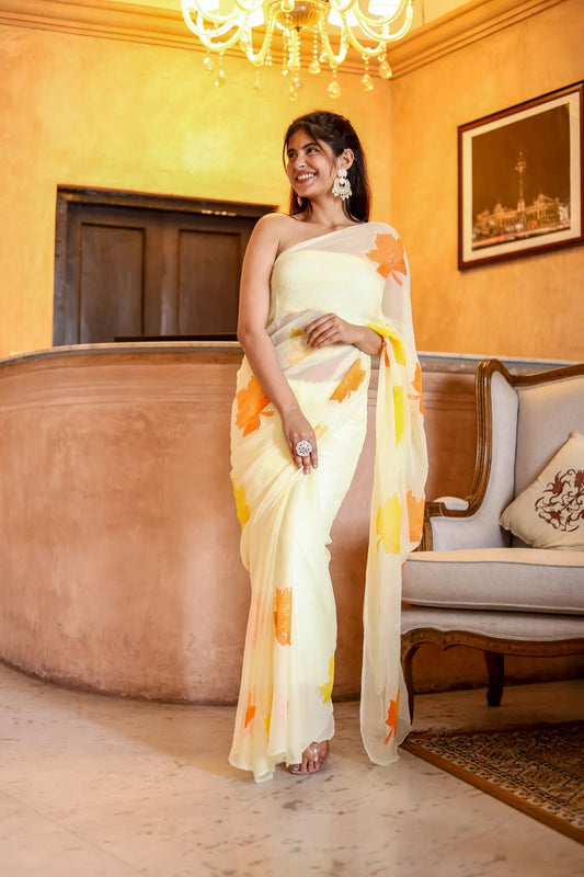 Radiate Elegance in the Sunlit Maple Embroidered & Handpainted Chiffon Saree Design