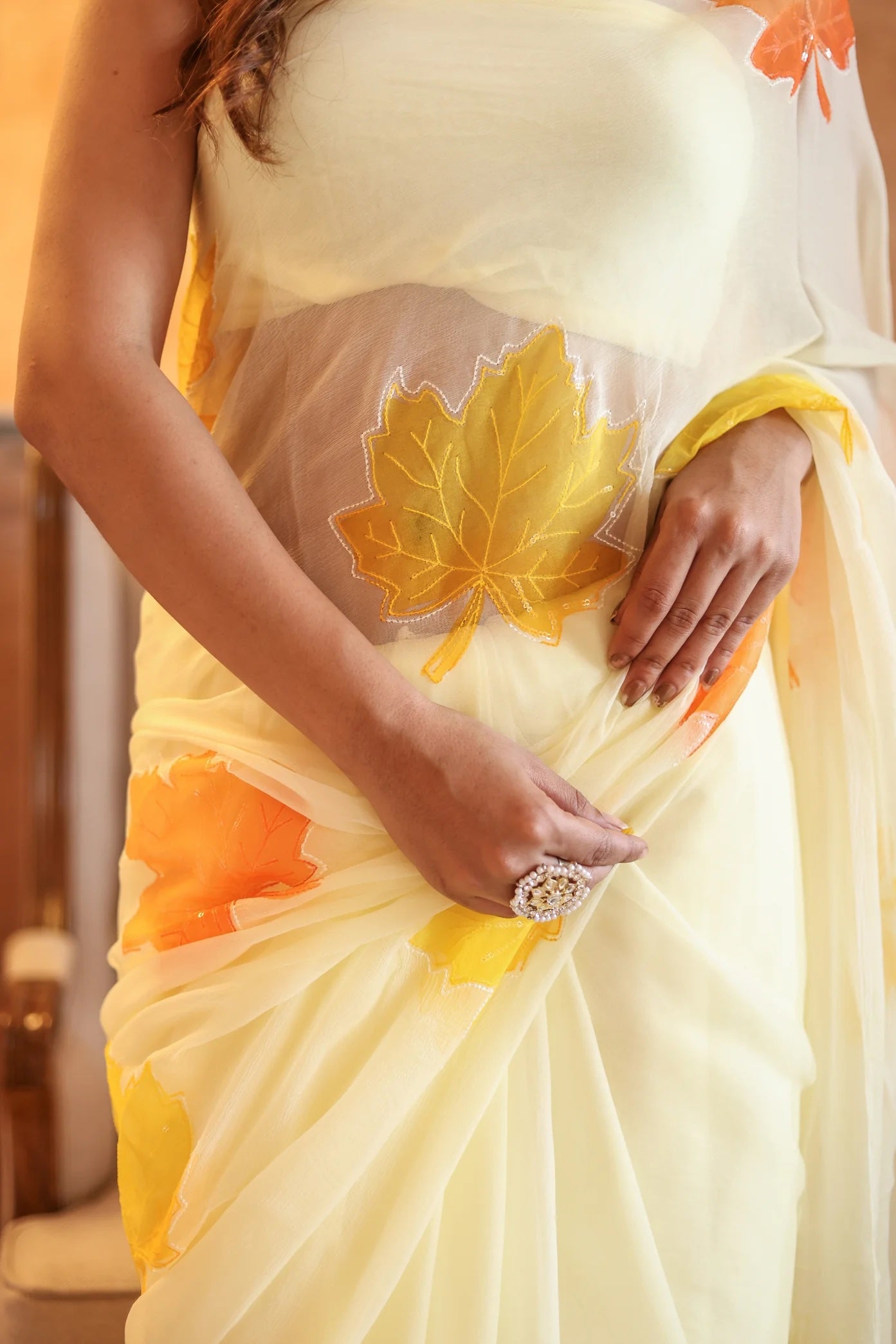 Radiate Elegance in the Sunlit Maple Embroidered & Handpainted Chiffon Saree Design