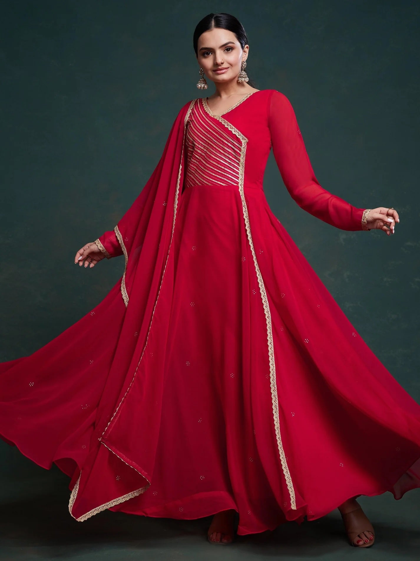 red dupatta dress Red Gown with Attached Drape Dupatta and Embroidered Belt S / Maroon