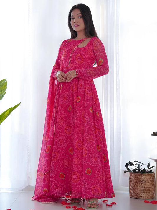 Pink Bandhani Printed Chiffon Event Wear Gown with Dupatta